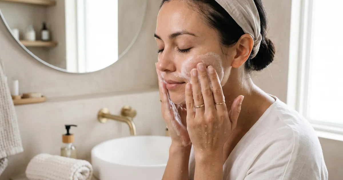 Mulher lavando o rosto corretamente com espuma de limpeza facial