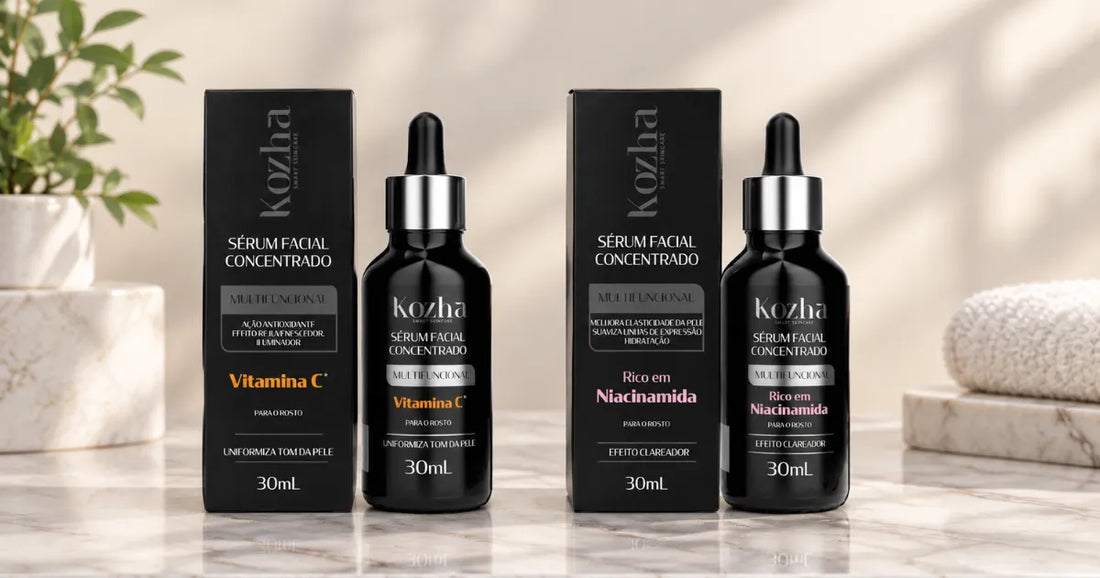 Sérum de vitamina C e sérum de niacinamida lado a lado para comparação de skincare